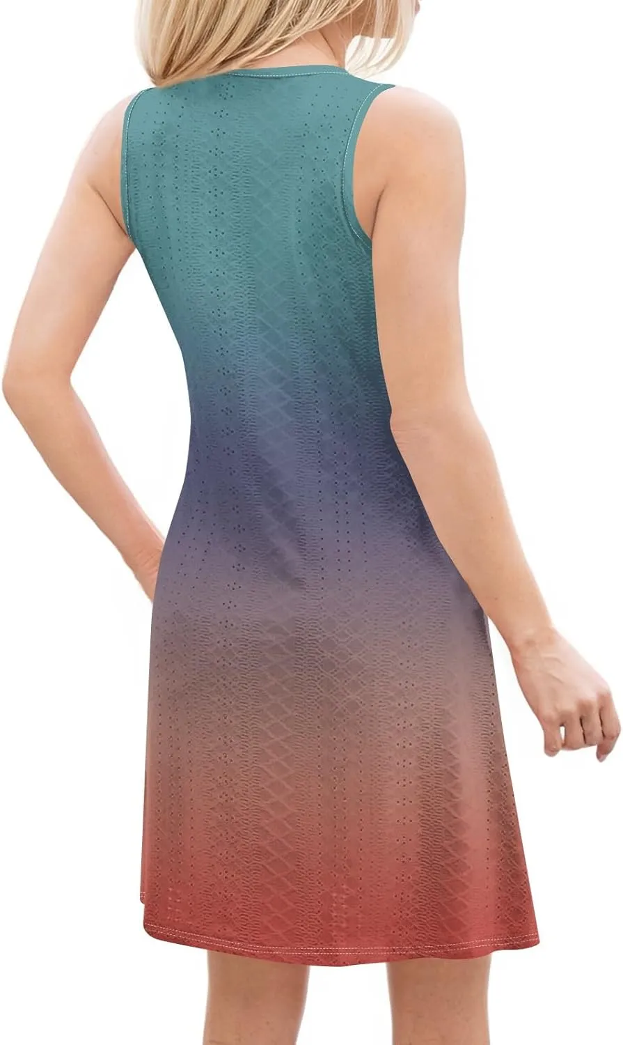 Tank Dresses for Women Summer Smocked Sleeveless Dress Trendy Eyelet Tie Dye Scoop Neck Mini Sundresses with Pocket
