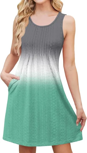 Tank Dresses for Women Summer Smocked Sleeveless Dress Trendy Eyelet Tie Dye Scoop Neck Mini Sundresses with Pocket