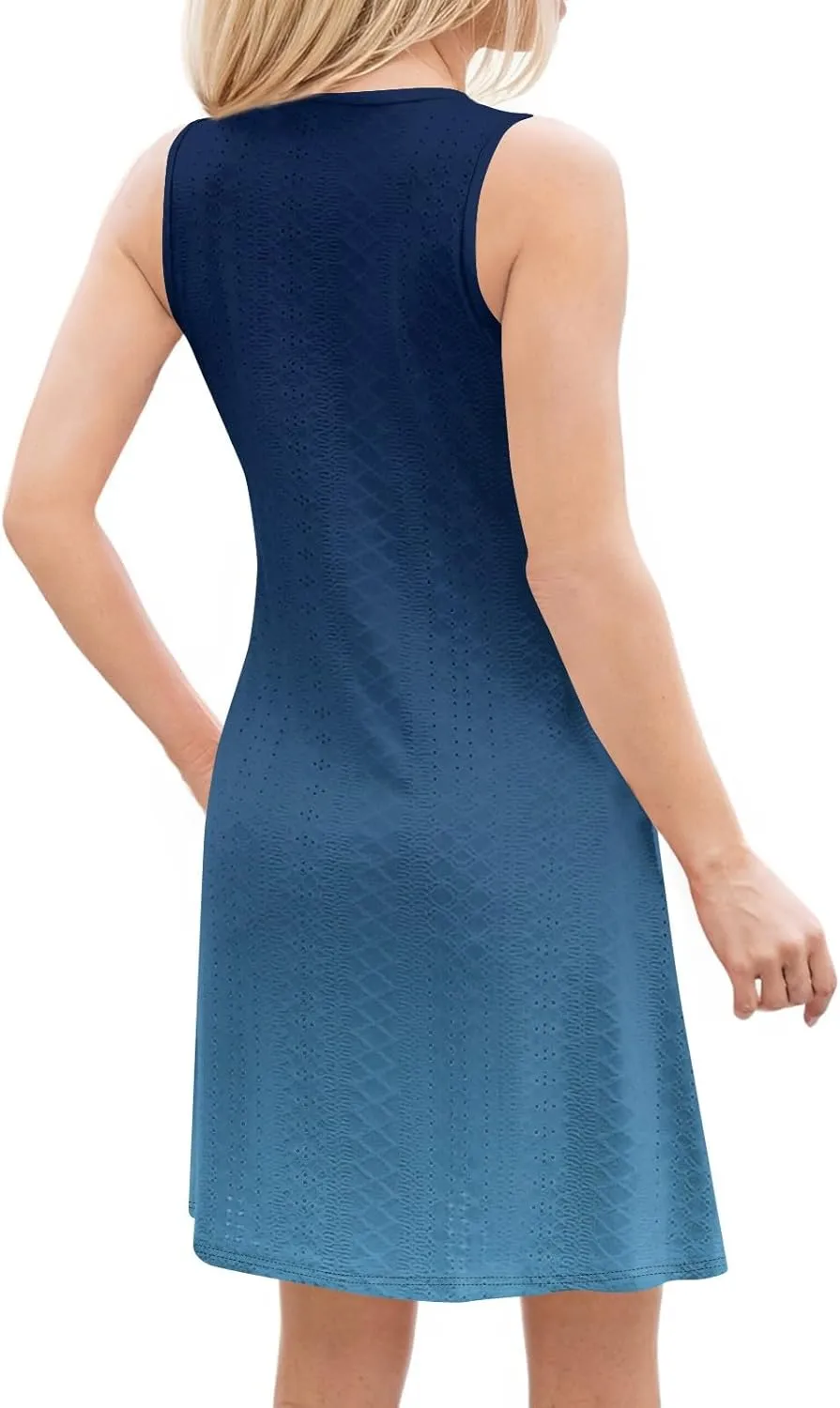 Tank Dresses for Women Summer Smocked Sleeveless Dress Trendy Eyelet Tie Dye Scoop Neck Mini Sundresses with Pocket