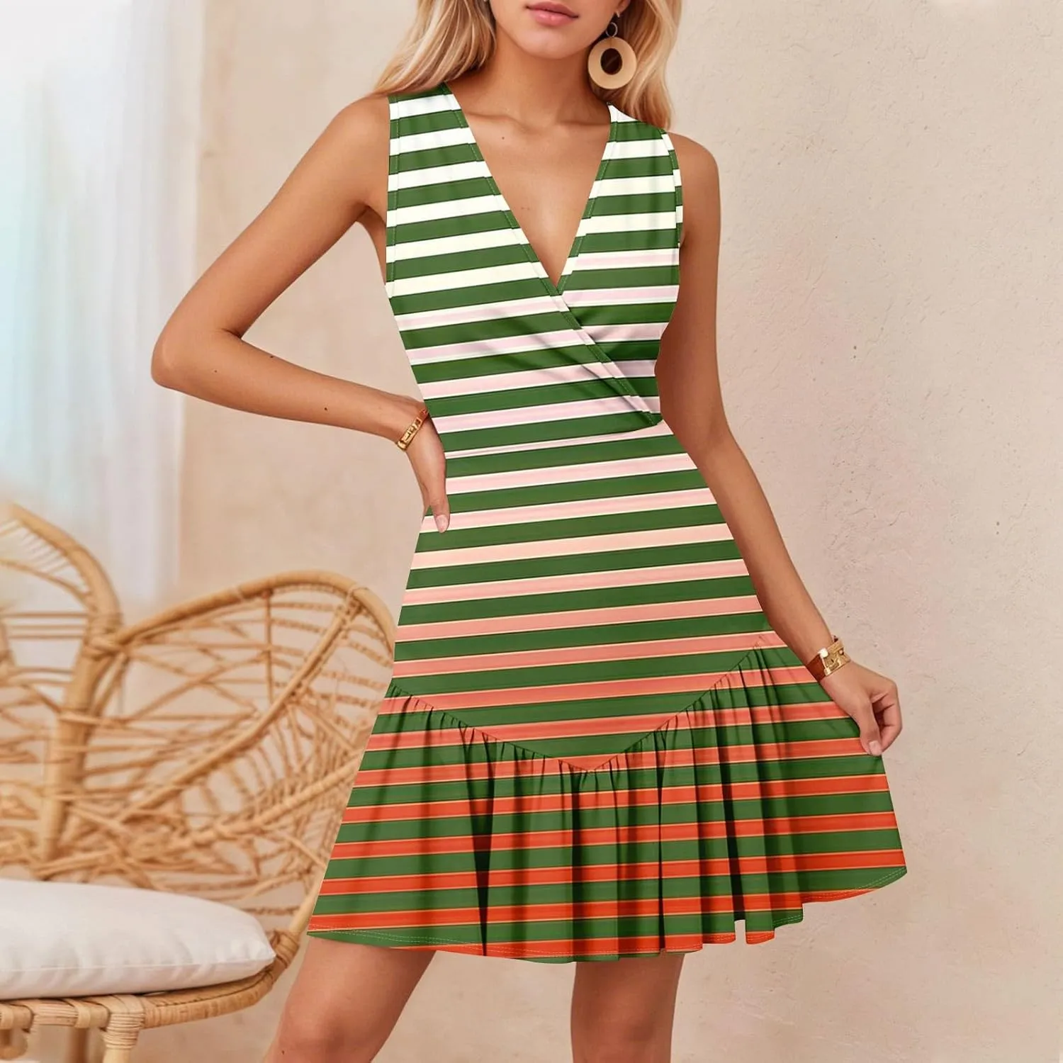 Tank Dresses for Women V Neck Sleeveless Empire Waist Sexy Dress Summer Striped Patchwork Ruffle Mini Dresses