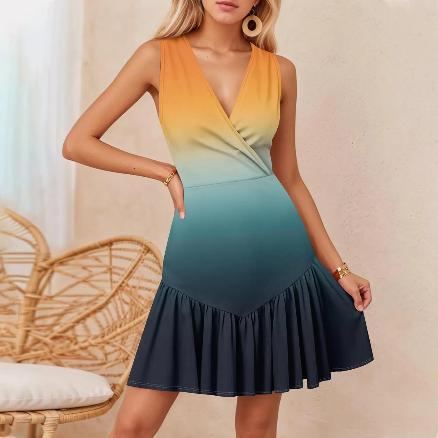 Tank Dresses for Women V Neck Sleeveless Empire Waist Sexy Dress Summer Striped Patchwork Ruffle Mini Dresses