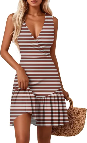 Tank Dresses for Women V Neck Sleeveless Empire Waist Sexy Dress Summer Striped Patchwork Ruffle Mini Dresses