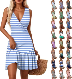 Tank Dresses for Women V Neck Sleeveless Empire Waist Sexy Dress Summer Striped Patchwork Ruffle Mini Dresses