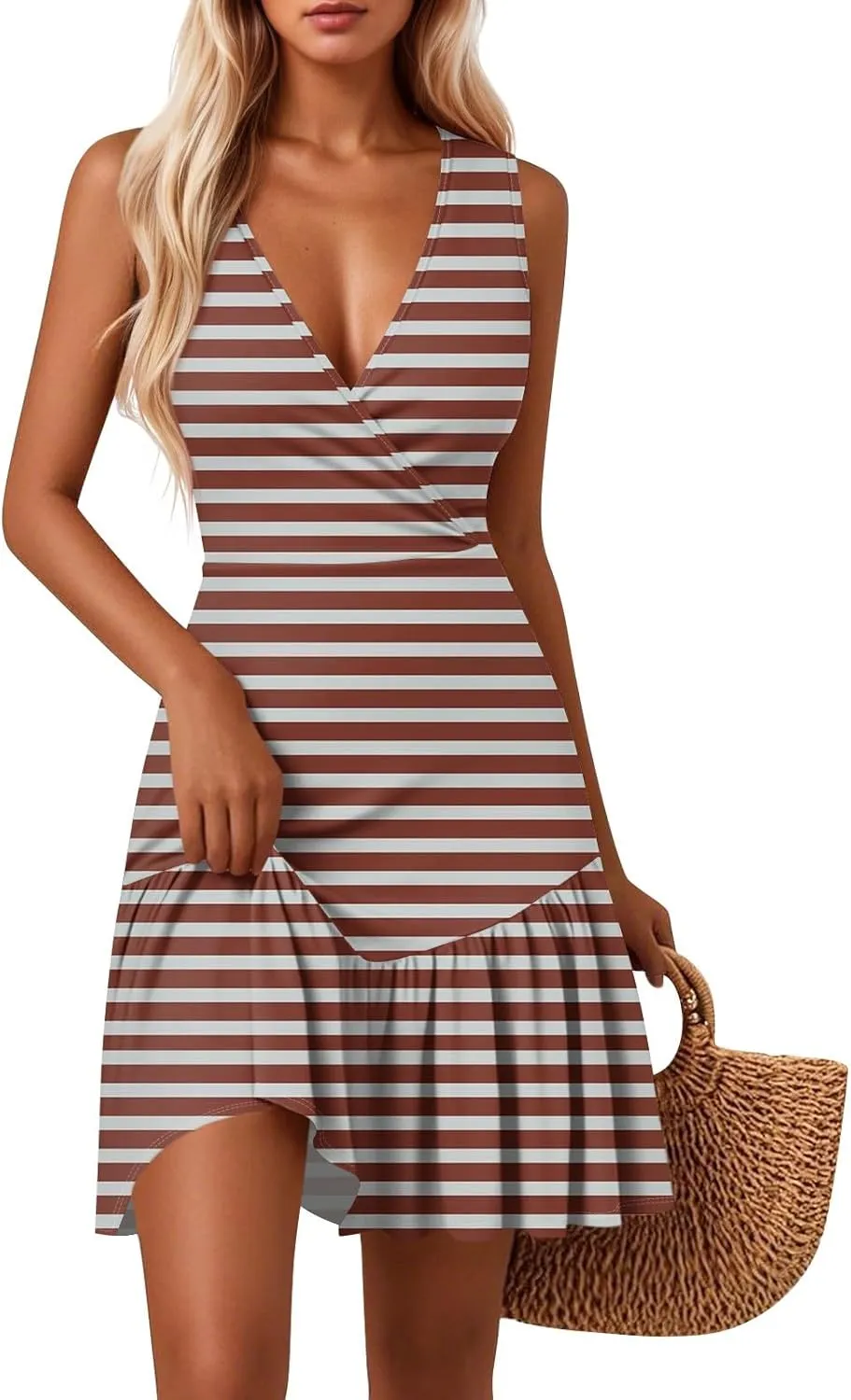 Tank Dresses for Women V Neck Sleeveless Empire Waist Sexy Dress Summer Striped Patchwork Ruffle Mini Dresses