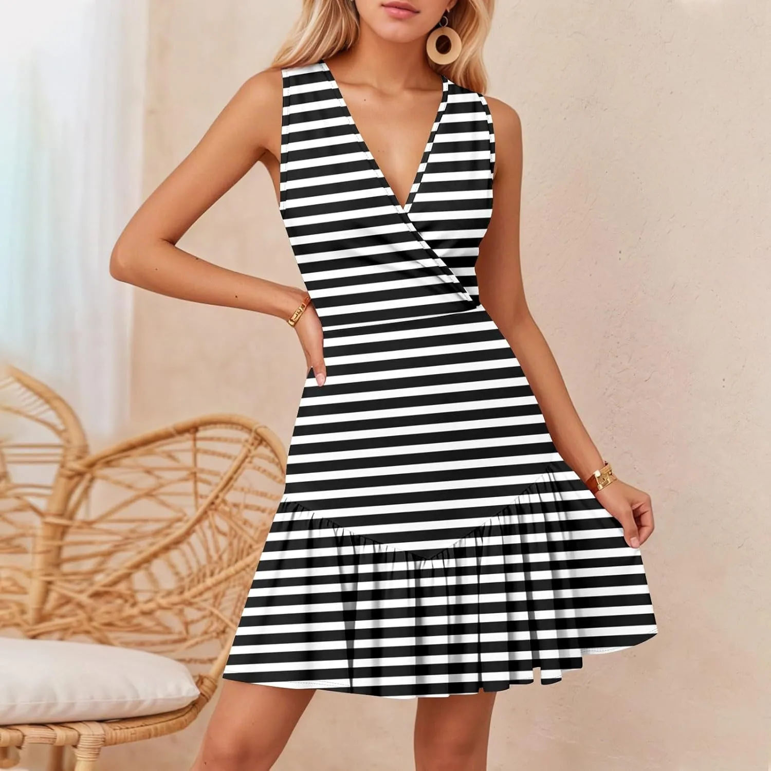 Tank Dresses for Women V Neck Sleeveless Empire Waist Sexy Dress Summer Striped Patchwork Ruffle Mini Dresses