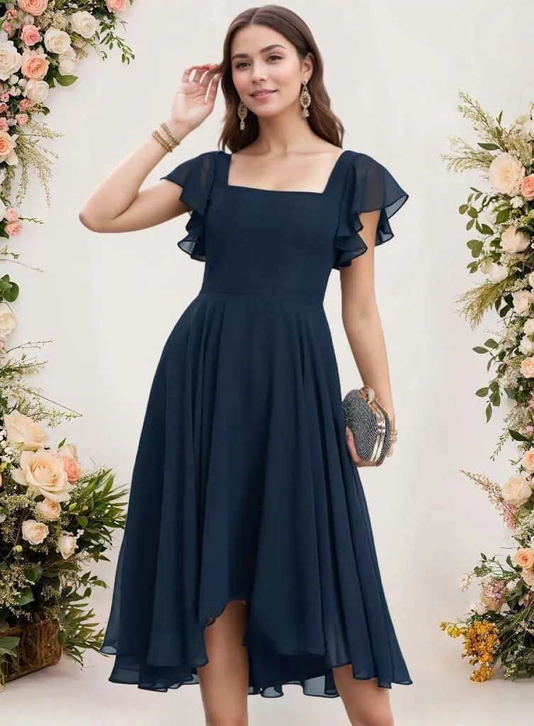 Tea Length Chiffon Bridesmaid Dress Sqaure Neck Formal Party Dresses with Short Sleeve