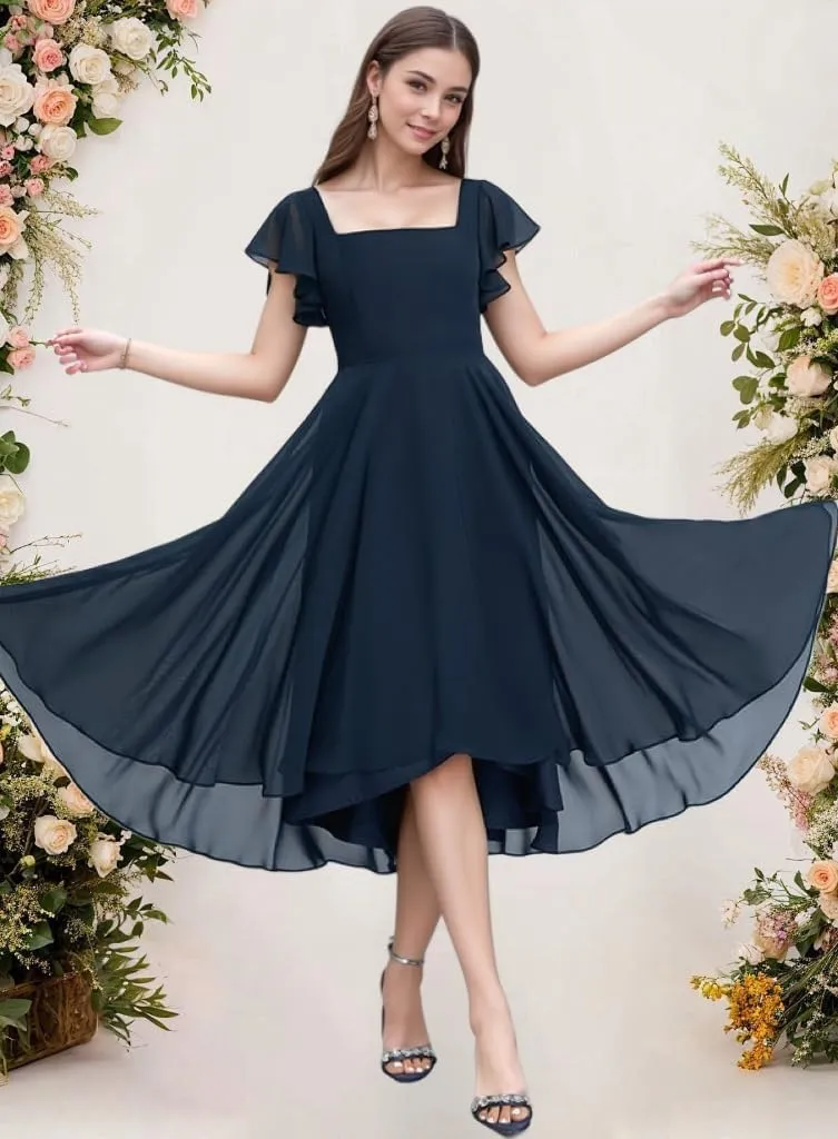 Tea Length Chiffon Bridesmaid Dress Sqaure Neck Formal Party Dresses with Short Sleeve