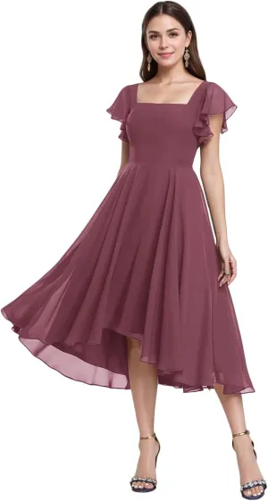 Tea Length Chiffon Bridesmaid Dress Sqaure Neck Formal Party Dresses with Short Sleeve