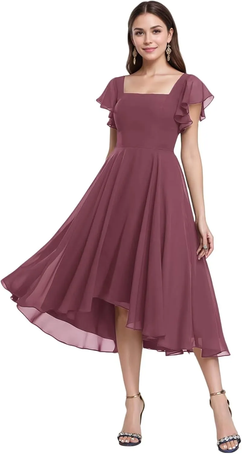 Tea Length Chiffon Bridesmaid Dress Sqaure Neck Formal Party Dresses with Short Sleeve