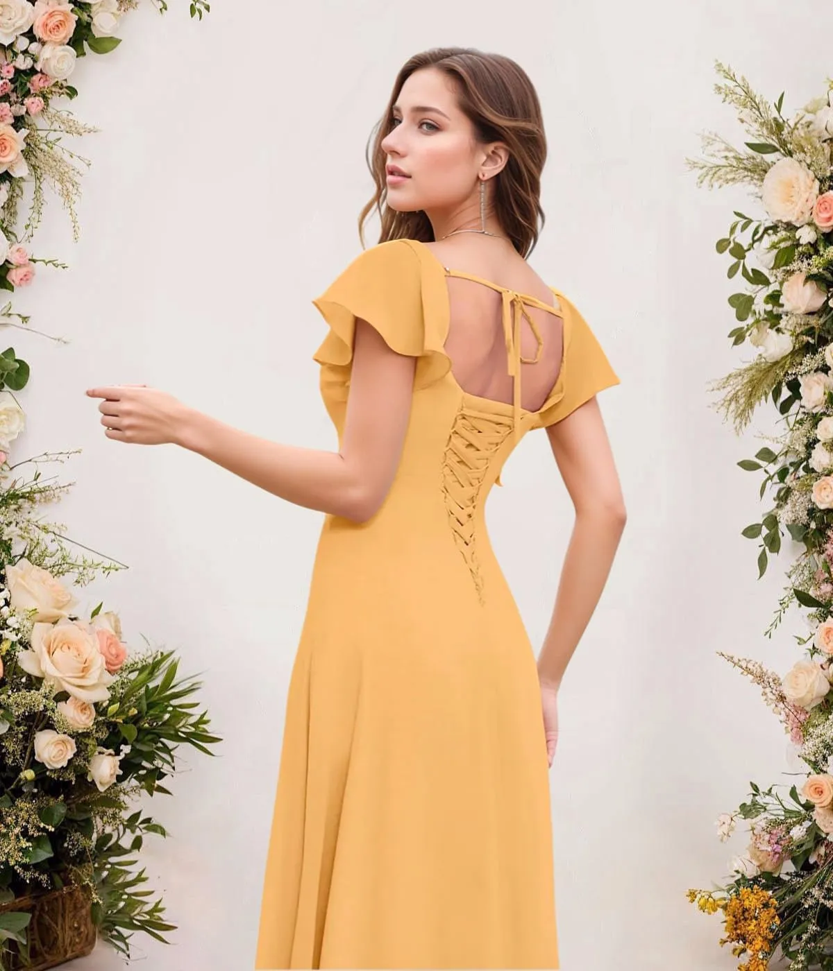 Tea Length Chiffon Bridesmaid Dress Sqaure Neck Formal Party Dresses with Short Sleeve