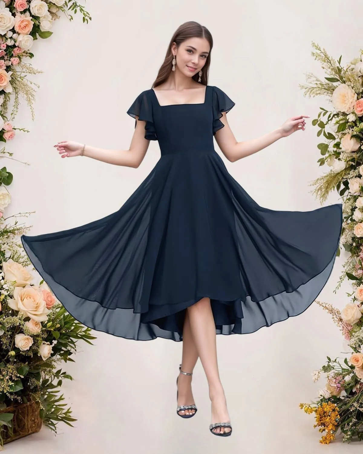 Tea Length Chiffon Bridesmaid Dress Sqaure Neck Formal Party Dresses with Short Sleeve