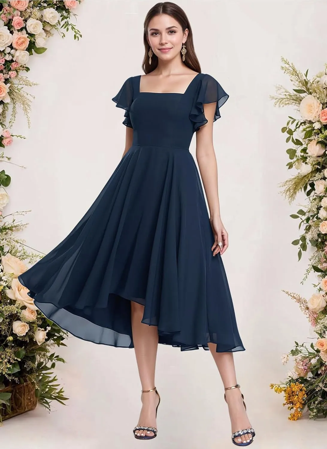 Tea Length Chiffon Bridesmaid Dress Sqaure Neck Formal Party Dresses with Short Sleeve
