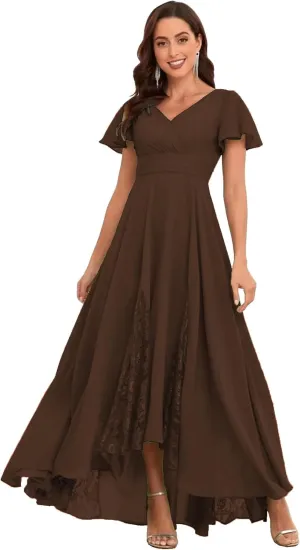 Tea Length Mother of The Bride Dresses Chiffon Ruched Evening Dress Lace A Line High Low Bridesmaid Dresses