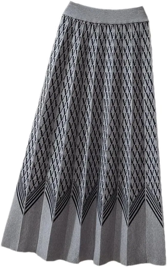Thick Warm Knitted Long Skirt for Women Fall Winter Geometric A Line High Waist Pleated Midi Skirt