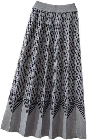 Thick Warm Knitted Long Skirt for Women Fall Winter Geometric A Line High Waist Pleated Midi Skirt