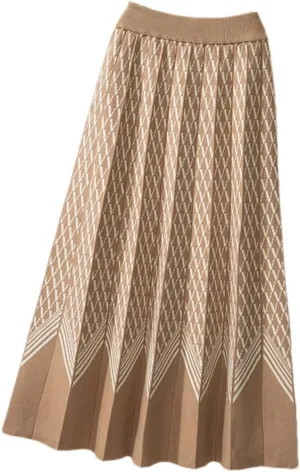 Thick Warm Knitted Long Skirt for Women Fall Winter Geometric A Line High Waist Pleated Midi Skirt