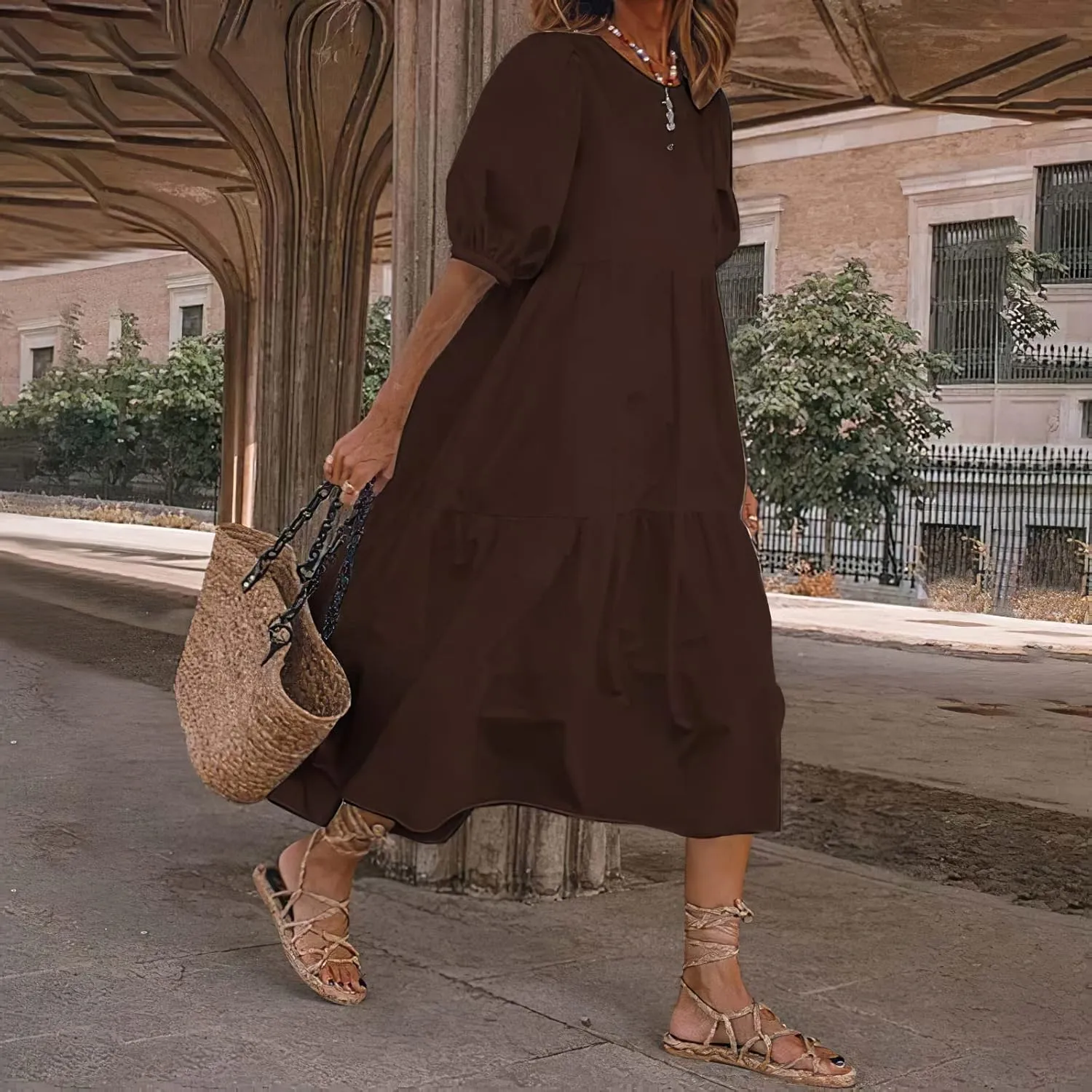TIAFORD Women's Linen Puff Short Sleeve Crewneck Tiered Maxi Dress Summer Casual Flowy Vacation Plus Size Dress