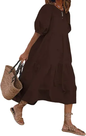 TIAFORD Women's Linen Puff Short Sleeve Crewneck Tiered Maxi Dress Summer Casual Flowy Vacation Plus Size Dress