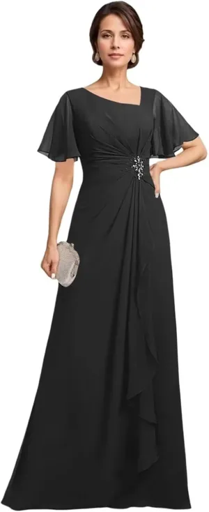 TIRAS Mother of The Bride Dresses Asymmetric Neck Ruffle Sleeves Chiffon A-line Long Wedding Dresses with Pockets CM402
