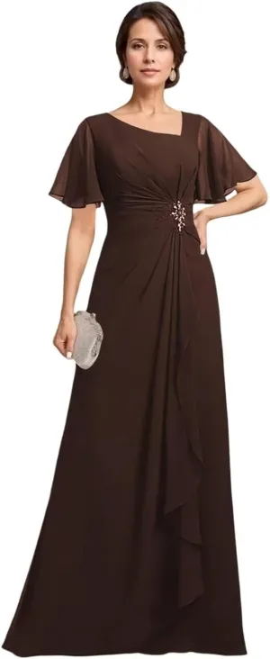 TIRAS Mother of The Bride Dresses Asymmetric Neck Ruffle Sleeves Chiffon A-line Long Wedding Dresses with Pockets CM402