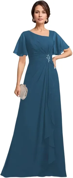 TIRAS Mother of The Bride Dresses Asymmetric Neck Ruffle Sleeves Chiffon A-line Long Wedding Dresses with Pockets CM402