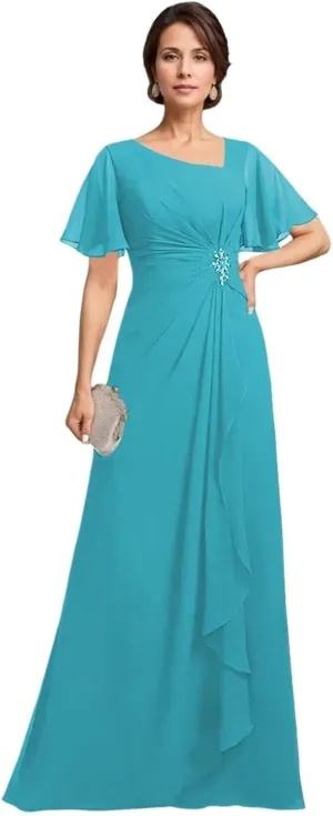 TIRAS Mother of The Bride Dresses Asymmetric Neck Ruffle Sleeves Chiffon A-line Long Wedding Dresses with Pockets CM402