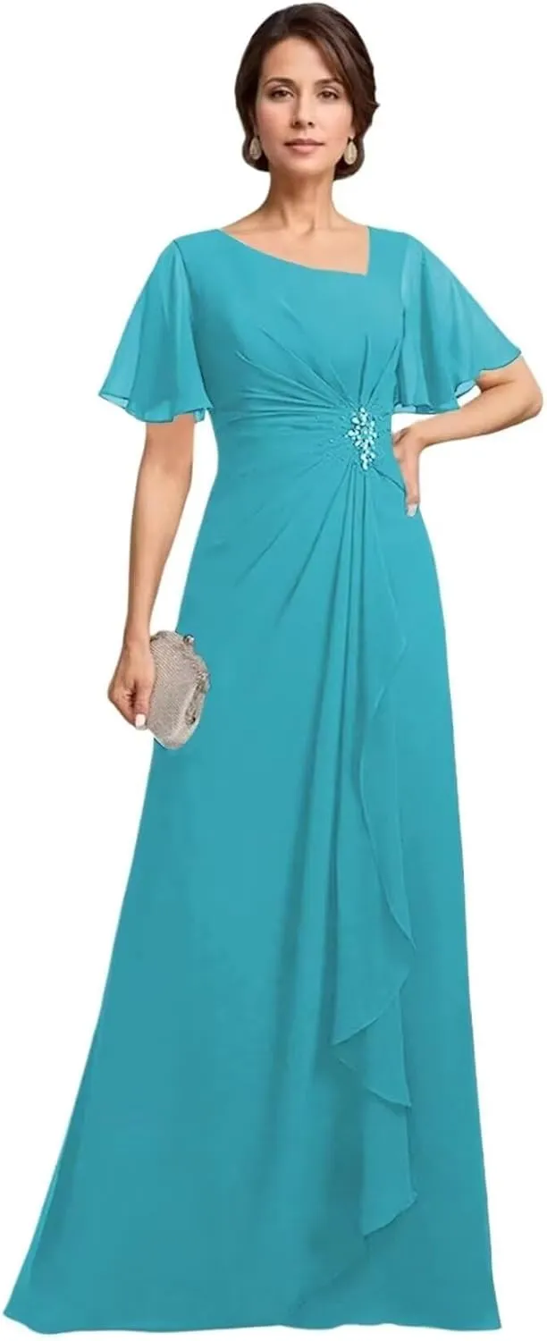 TIRAS Mother of The Bride Dresses Asymmetric Neck Ruffle Sleeves Chiffon A-line Long Wedding Dresses with Pockets CM402