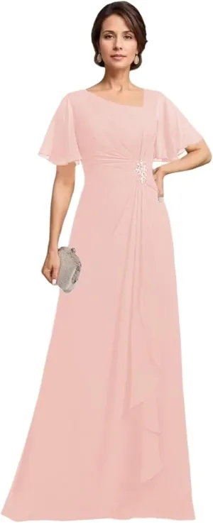 TIRAS Mother of The Bride Dresses Asymmetric Neck Ruffle Sleeves Chiffon A-line Long Wedding Dresses with Pockets CM402