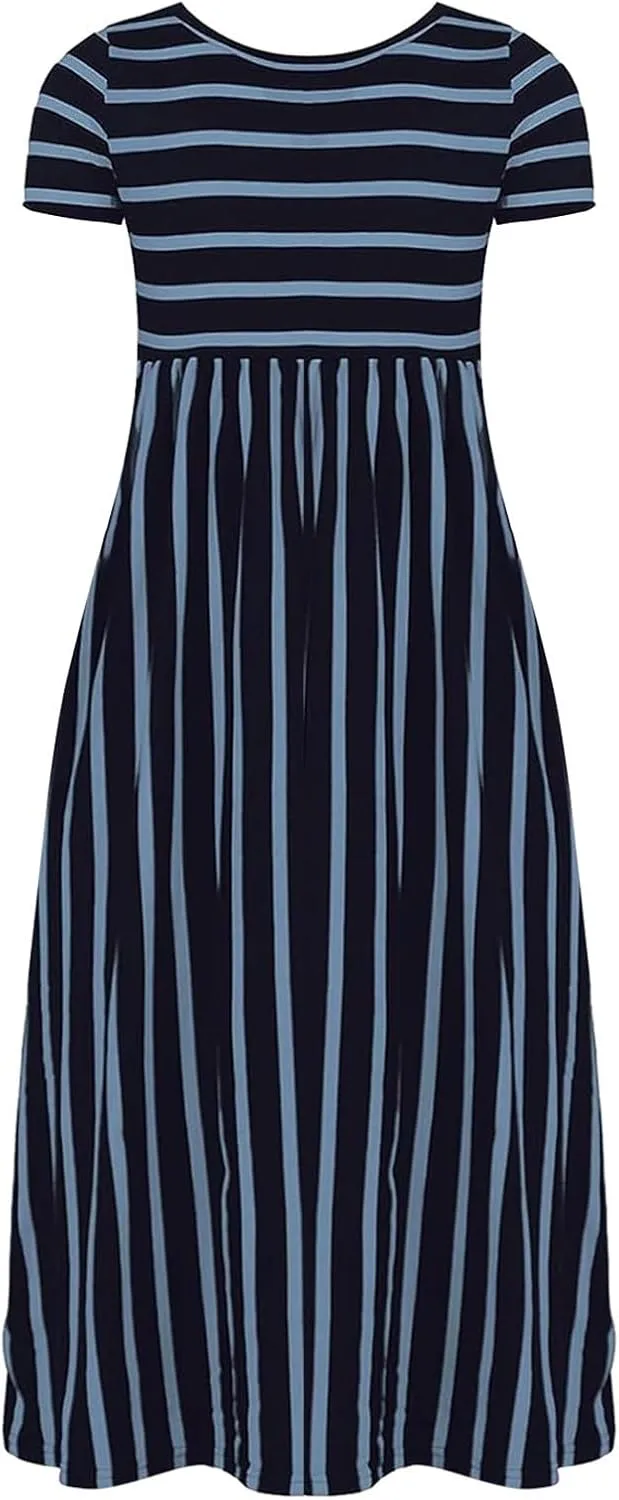 Toddler Kids Children Girls Short Sleeve Sundress Stripe Print Summer Beach Holiday Dress Cute Maxi Dress