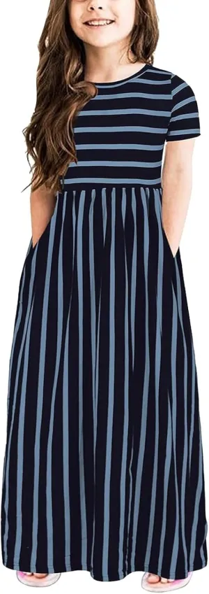 Toddler Kids Children Girls Short Sleeve Sundress Stripe Print Summer Beach Holiday Dress Cute Maxi Dress