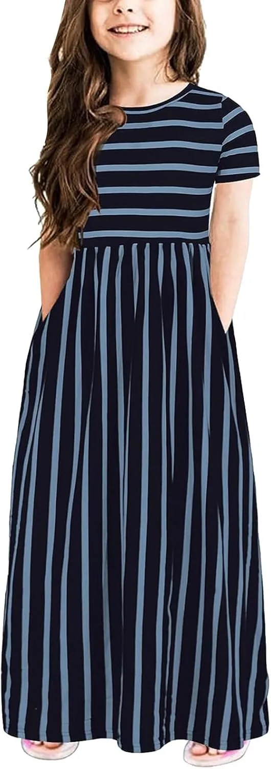 Toddler Kids Children Girls Short Sleeve Sundress Stripe Print Summer Beach Holiday Dress Cute Maxi Dress