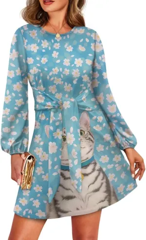 TODIYADDU Womens Long Sleeve Dress for Women Long Sleeve Tie Waist Elegant Cocktail Party Mini Fall Dresses Gifts Size S-XL