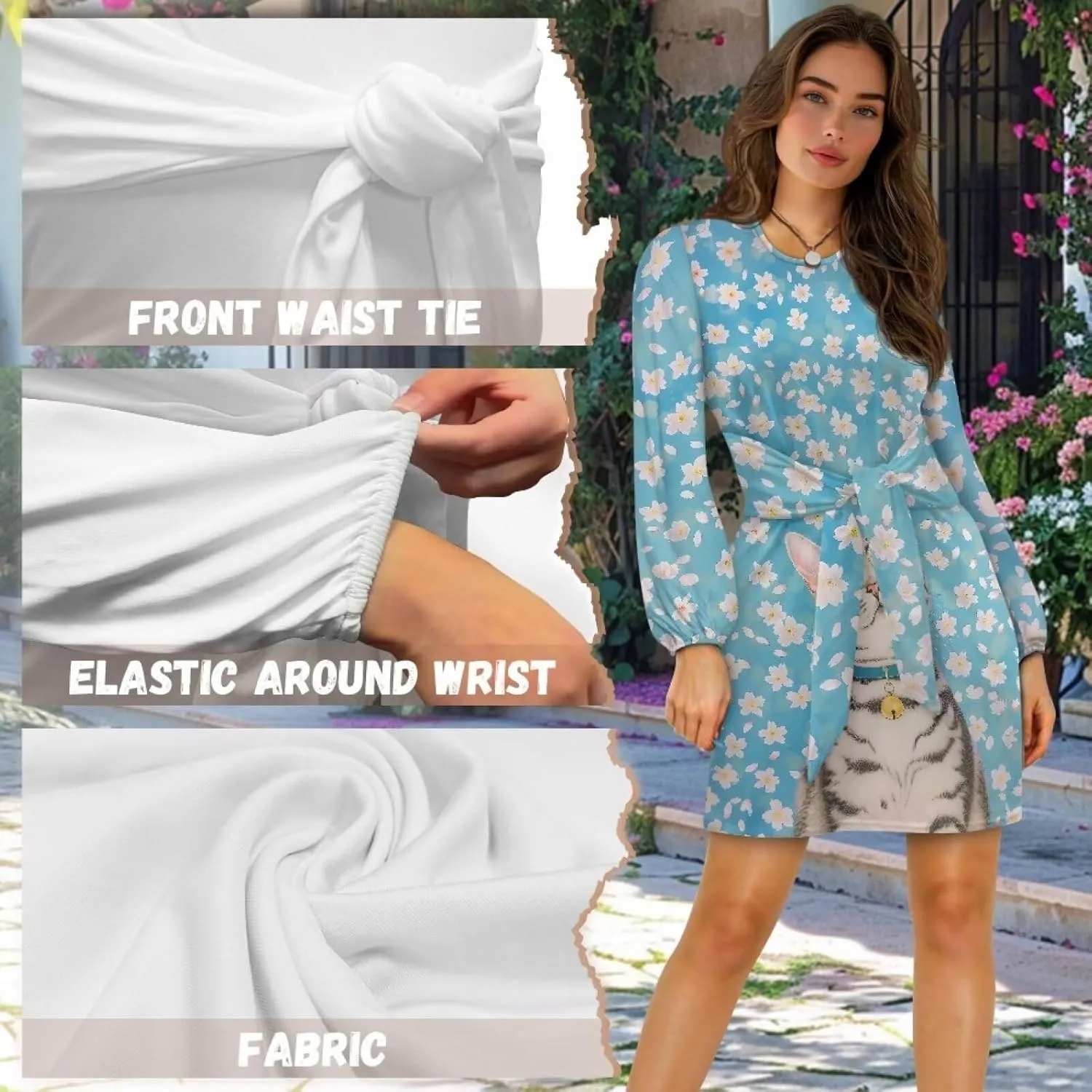TODIYADDU Womens Long Sleeve Dress for Women Long Sleeve Tie Waist Elegant Cocktail Party Mini Fall Dresses Gifts Size S-XL