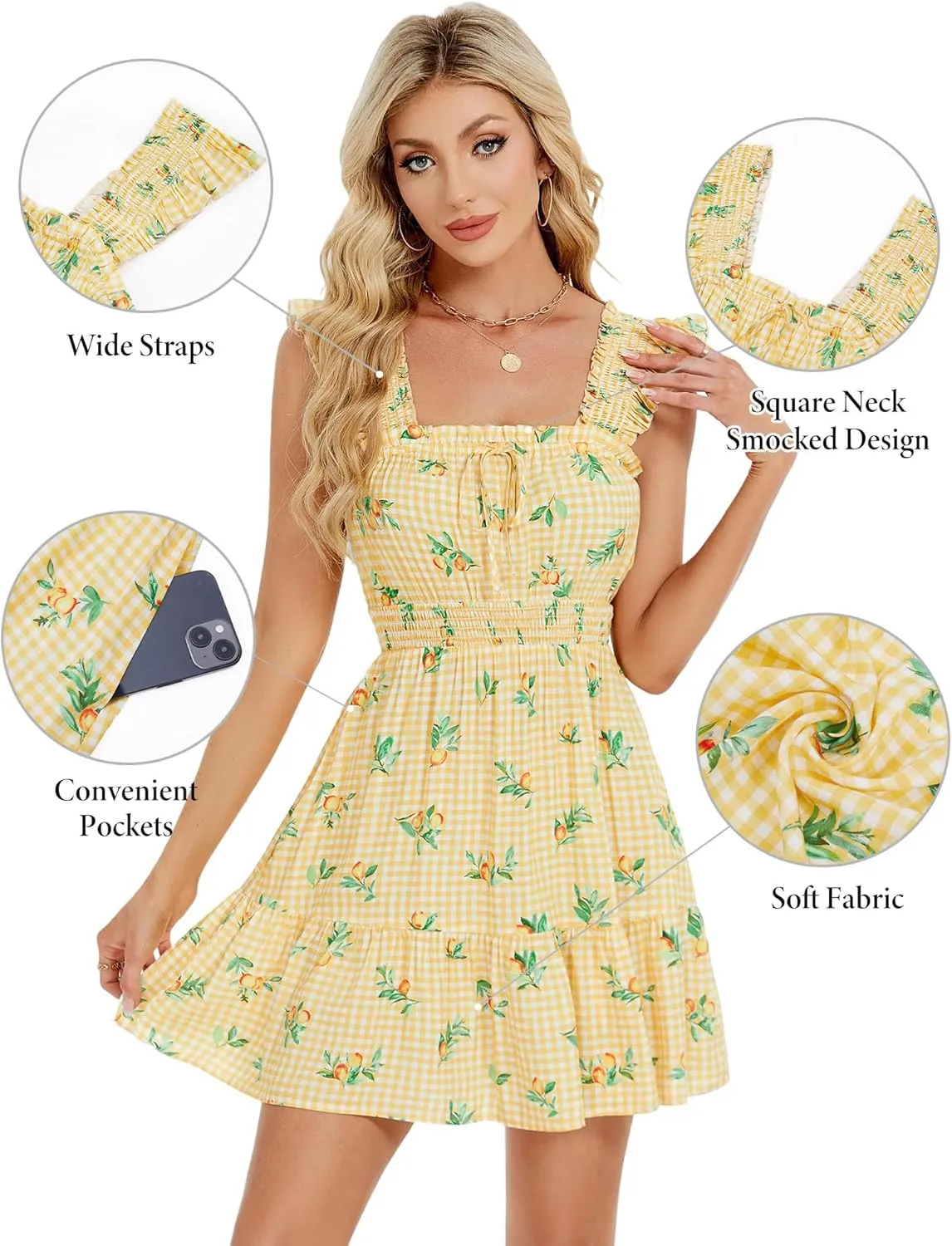 TORARY Sundresses Mini Square Neck Smocked Graduation Easter Dresses for Women 2025 with Pockets