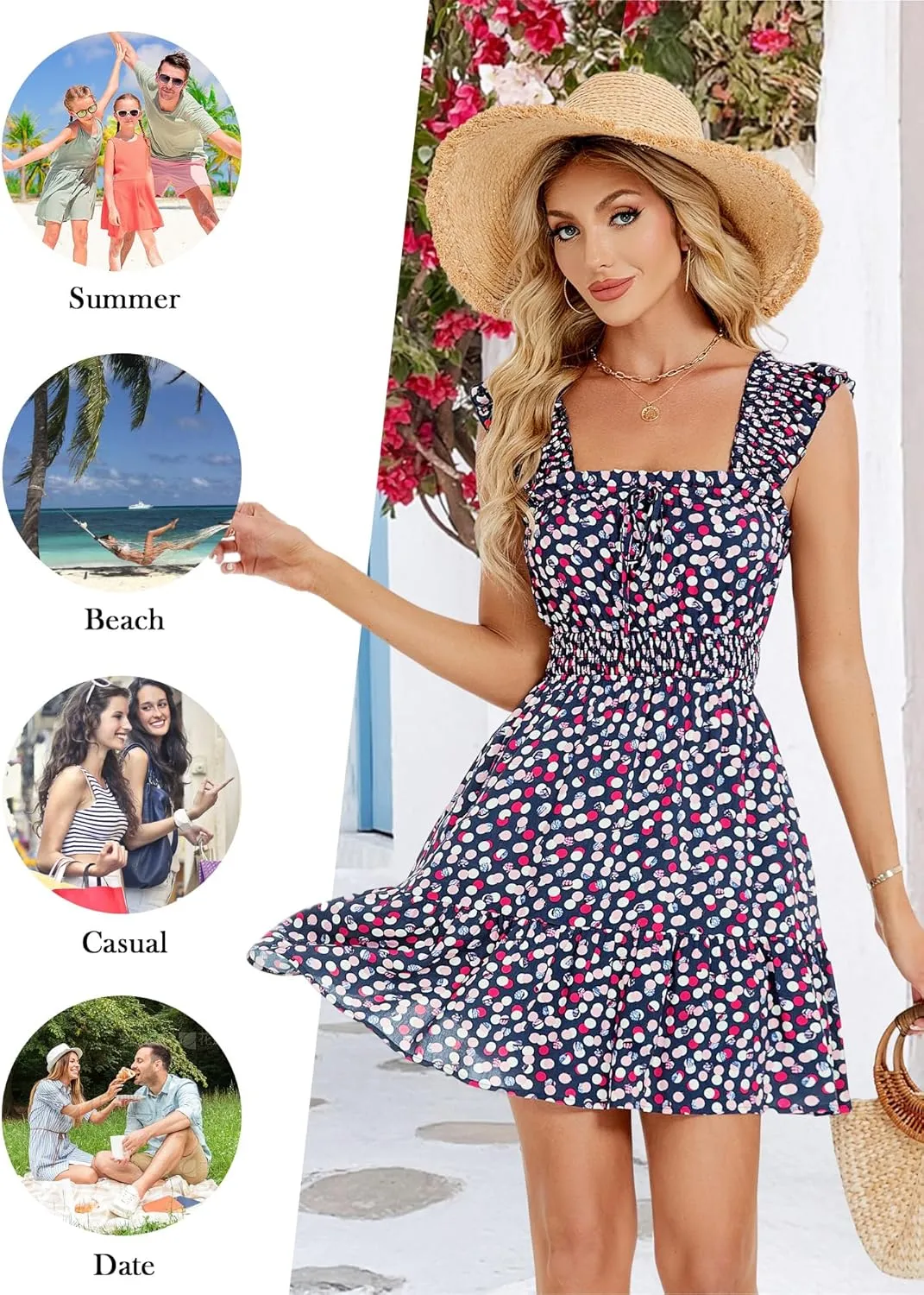 TORARY Sundresses Mini Square Neck Smocked Graduation Easter Dresses for Women 2025 with Pockets