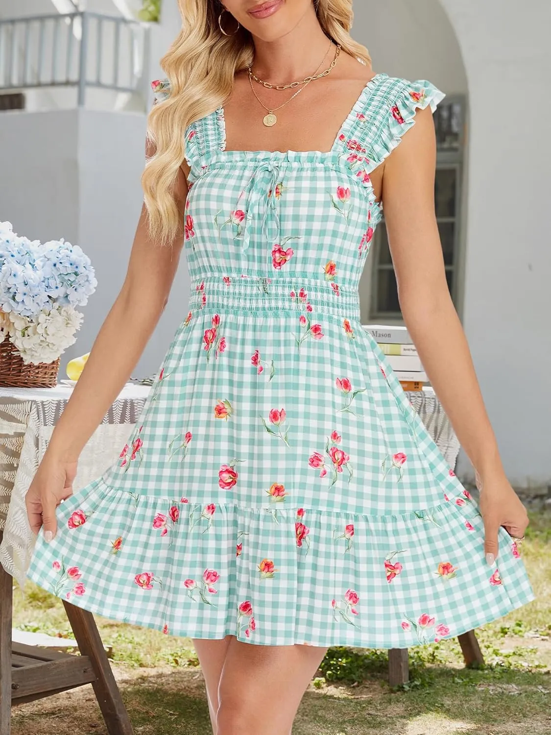 TORARY Sundresses Mini Square Neck Smocked Graduation Easter Dresses for Women 2025 with Pockets