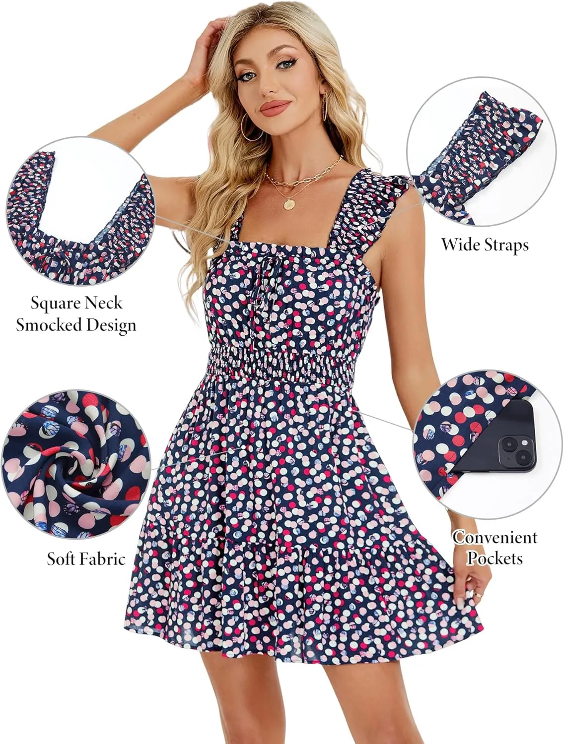 TORARY Sundresses Mini Square Neck Smocked Graduation Easter Dresses for Women 2025 with Pockets