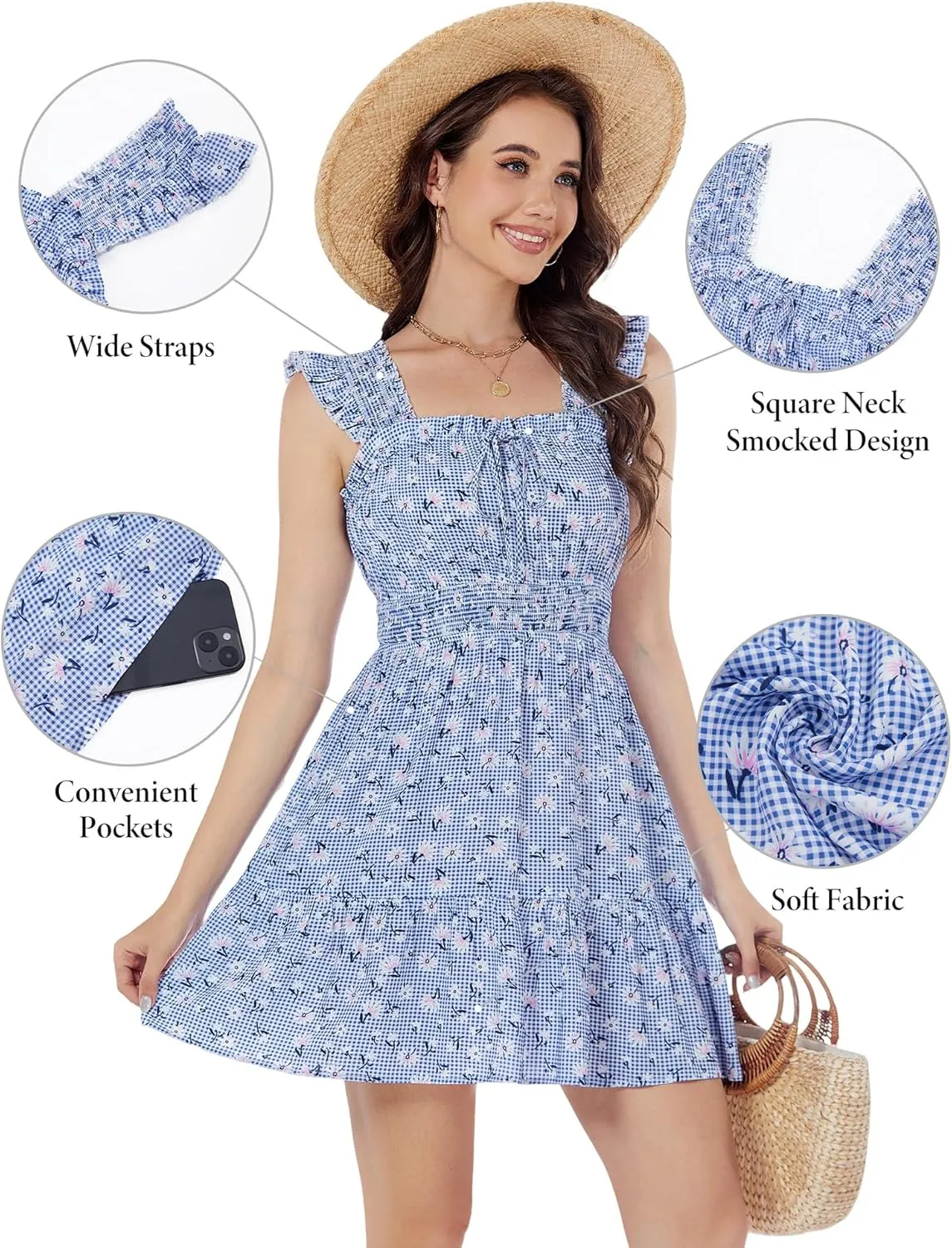 TORARY Sundresses Mini Square Neck Smocked Graduation Easter Dresses for Women 2025 with Pockets