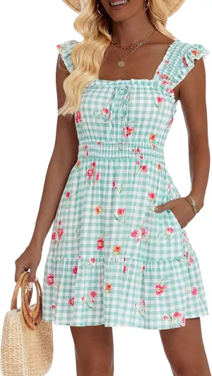 TORARY Sundresses Mini Square Neck Smocked Graduation Easter Dresses for Women 2025 with Pockets