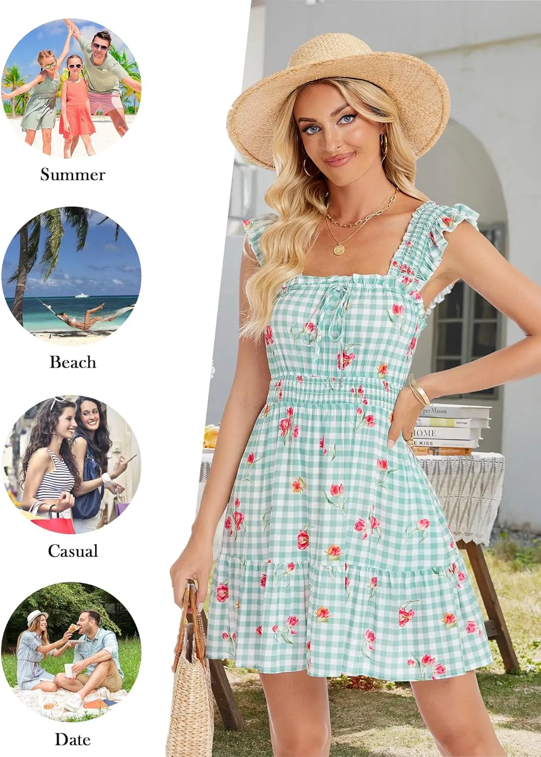 TORARY Sundresses Mini Square Neck Smocked Graduation Easter Dresses for Women 2025 with Pockets