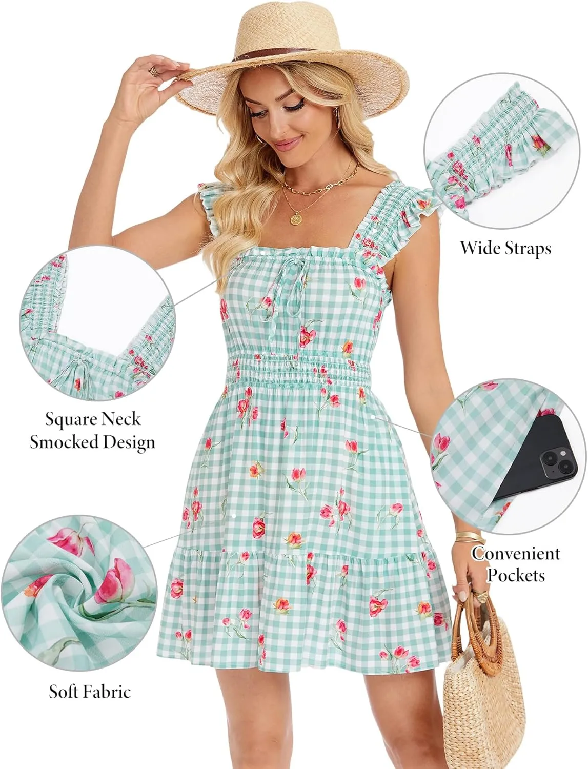 TORARY Sundresses Mini Square Neck Smocked Graduation Easter Dresses for Women 2025 with Pockets
