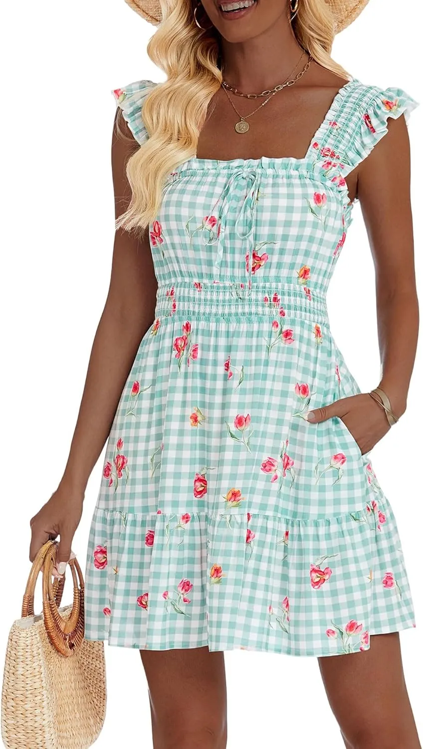 TORARY Sundresses Mini Square Neck Smocked Graduation Easter Dresses for Women 2025 with Pockets