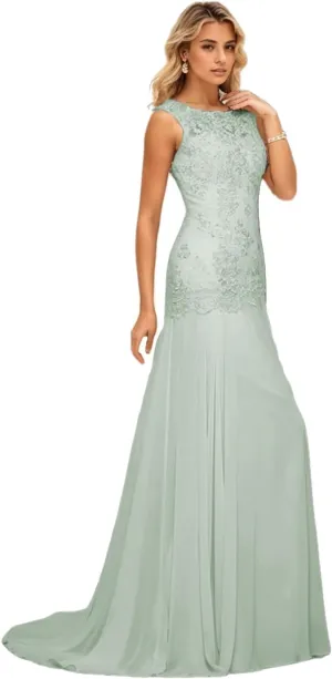 Trumpet/Mermaid Elegant Evening Gown Luxury Wedding Party Gown Chiffon Scoop Neck Sleeveless Sweep/Brush Train Appliques 2024