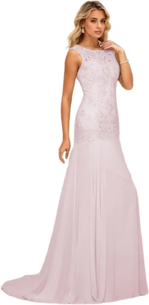 Trumpet/Mermaid Elegant Evening Gown Luxury Wedding Party Gown Chiffon Scoop Neck Sleeveless Sweep/Brush Train Appliques 2024