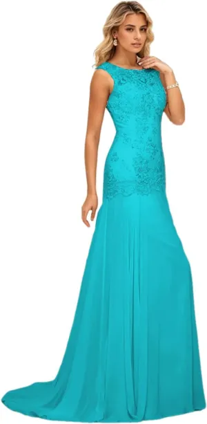 Trumpet/Mermaid Elegant Evening Gown Luxury Wedding Party Gown Chiffon Scoop Neck Sleeveless Sweep/Brush Train Appliques 2024