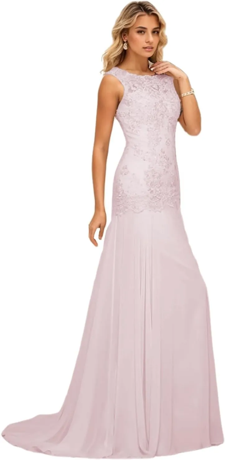 Trumpet/Mermaid Elegant Evening Gown Luxury Wedding Party Gown Chiffon Scoop Neck Sleeveless Sweep/Brush Train Appliques 2024
