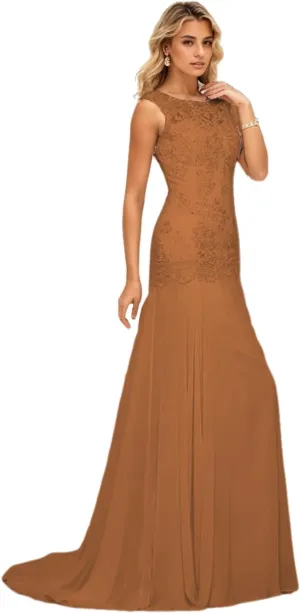 Trumpet/Mermaid Elegant Evening Gown Luxury Wedding Party Gown Chiffon Scoop Neck Sleeveless Sweep/Brush Train Appliques 2024