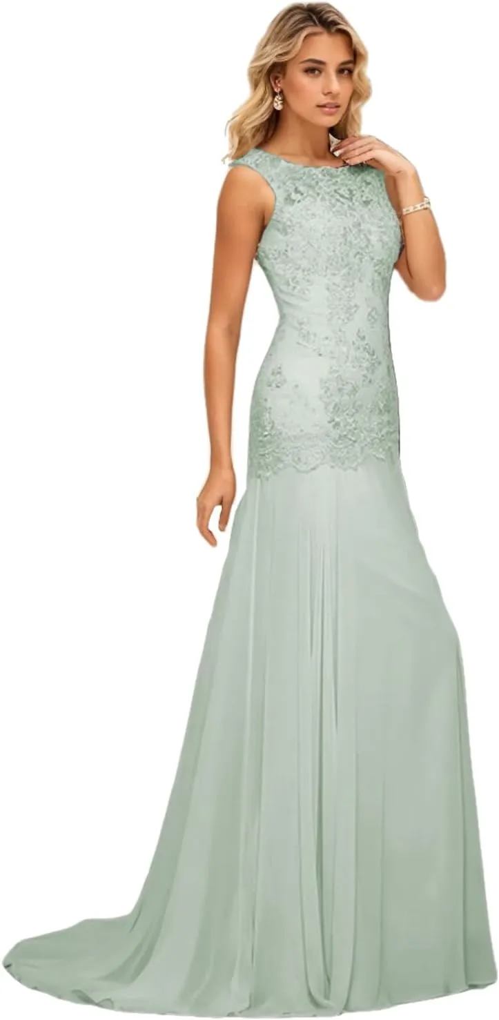 Trumpet/Mermaid Elegant Evening Gown Luxury Wedding Party Gown Chiffon Scoop Neck Sleeveless Sweep/Brush Train Appliques 2024