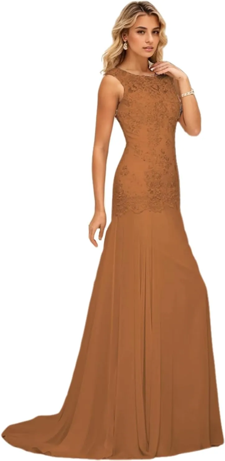 Trumpet/Mermaid Elegant Evening Gown Luxury Wedding Party Gown Chiffon Scoop Neck Sleeveless Sweep/Brush Train Appliques 2024