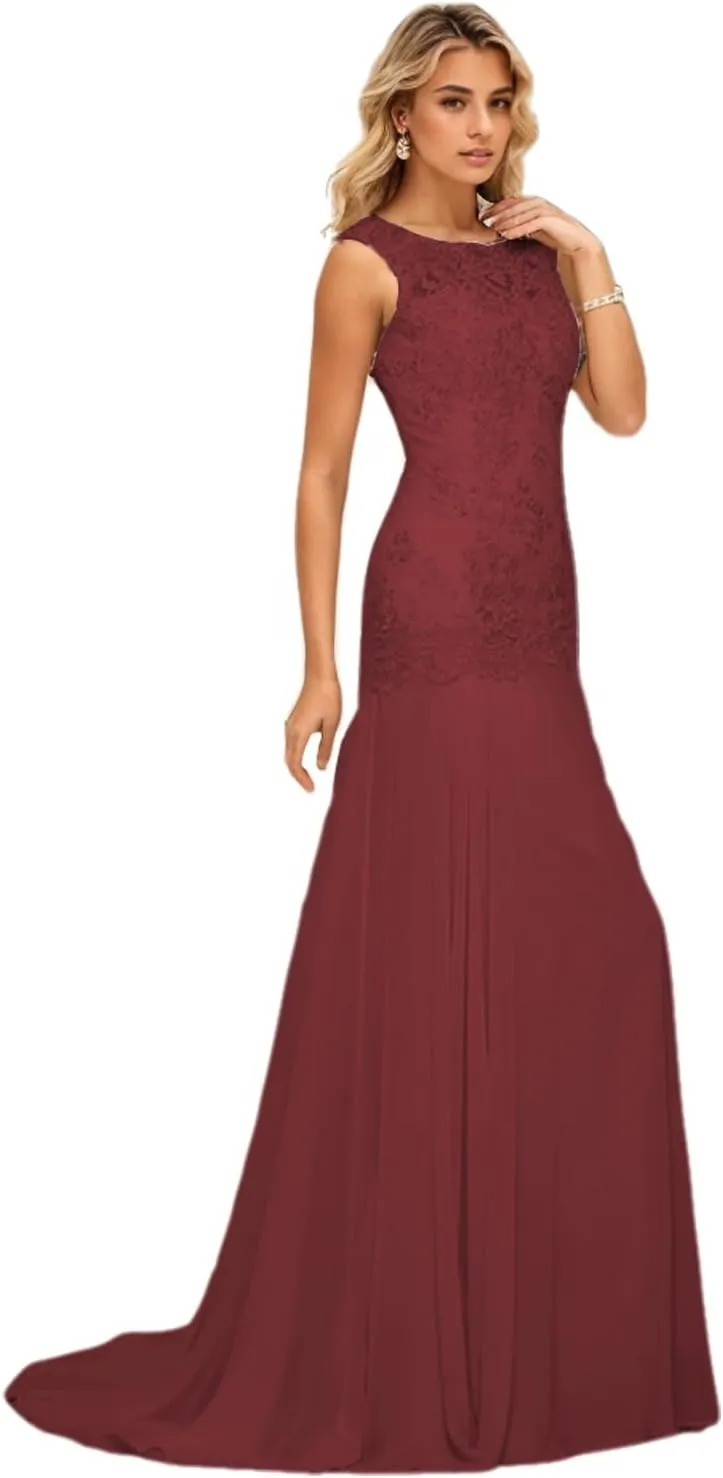 Trumpet/Mermaid Elegant Evening Gown Luxury Wedding Party Gown Chiffon Scoop Neck Sleeveless Sweep/Brush Train Appliques 2024